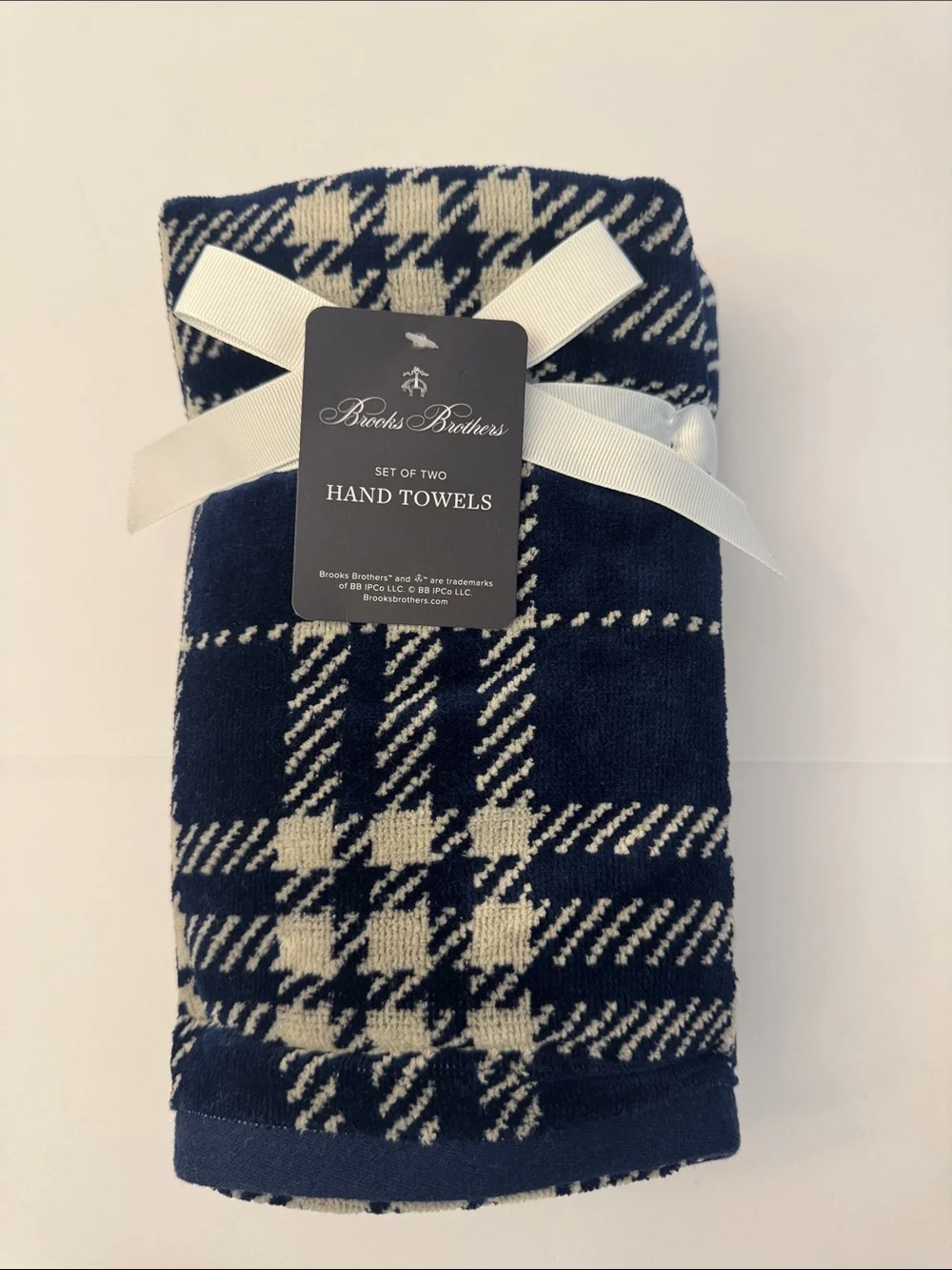 6pc BROOKS BROTHERS 100% Cotton Velour Plaid Bath Towel Set - Blue/Off White